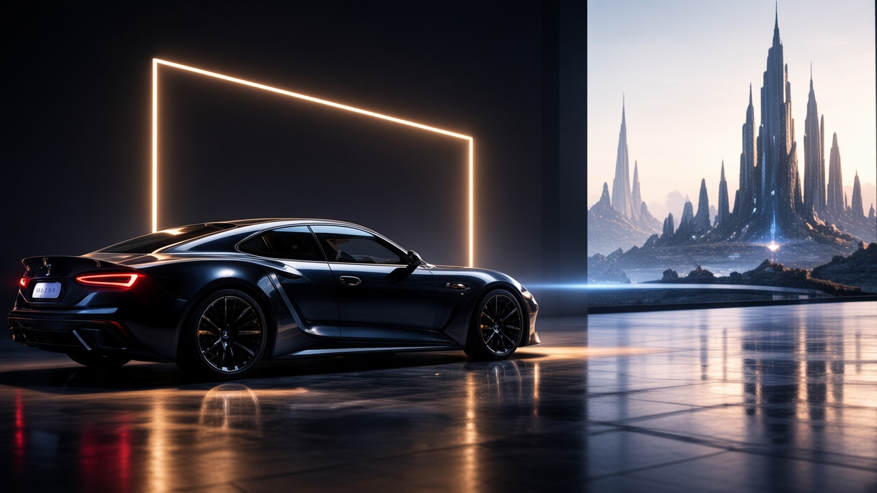 Dark sports car beside a gold rectangular light, with a glowing city beyond.
