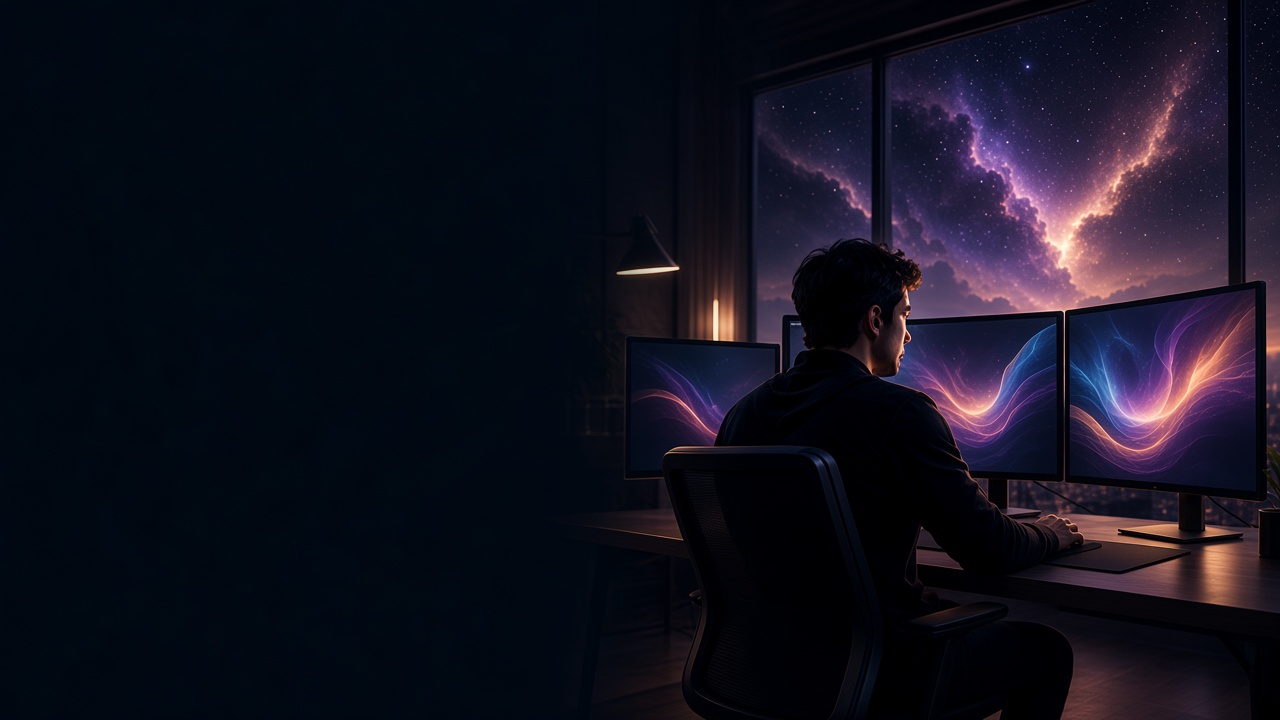 Creator at a multi-monitor workstation overlooking a violet cosmic landscape.