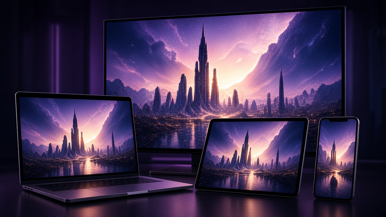 Futuristic city shown across a monitor, tablet, and phone.