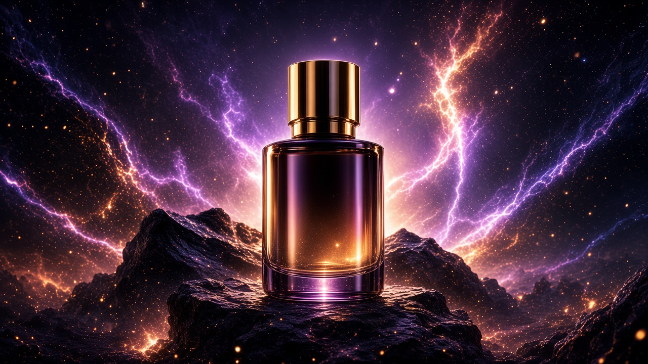 Premium purple bottle with gold light and cosmic particles.