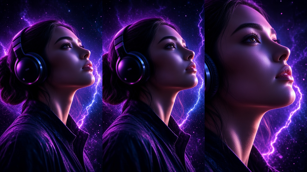 Vertical portrait of a woman in violet neon light for short-form video.