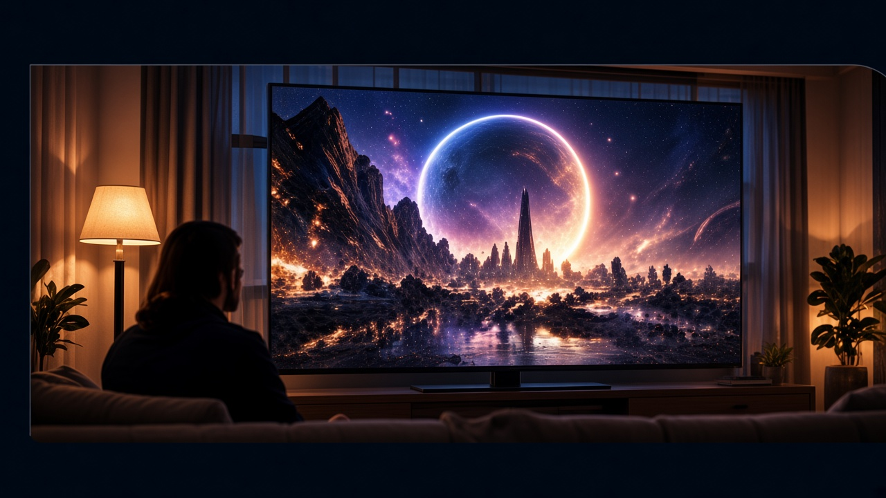 Living-room television showing a cinematic city and luminous ring.