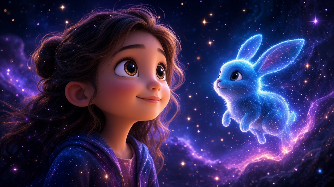 Animated girl looking at a glowing blue magical creature among stars.