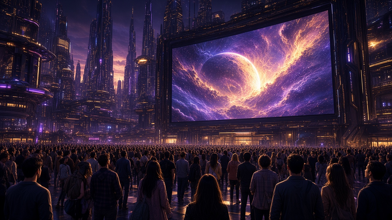Crowd watching a large outdoor cinematic screen in a futuristic plaza.