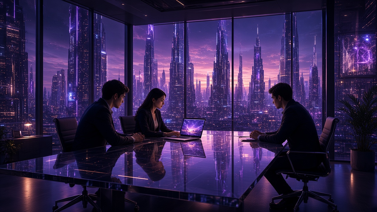 Professionals in a glass boardroom overlooking a futuristic skyline.