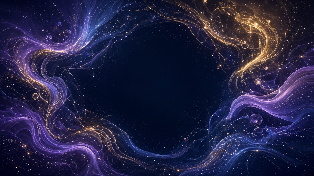 Interconnected violet and gold creative energy pathways around a calm dark center in midnight space.