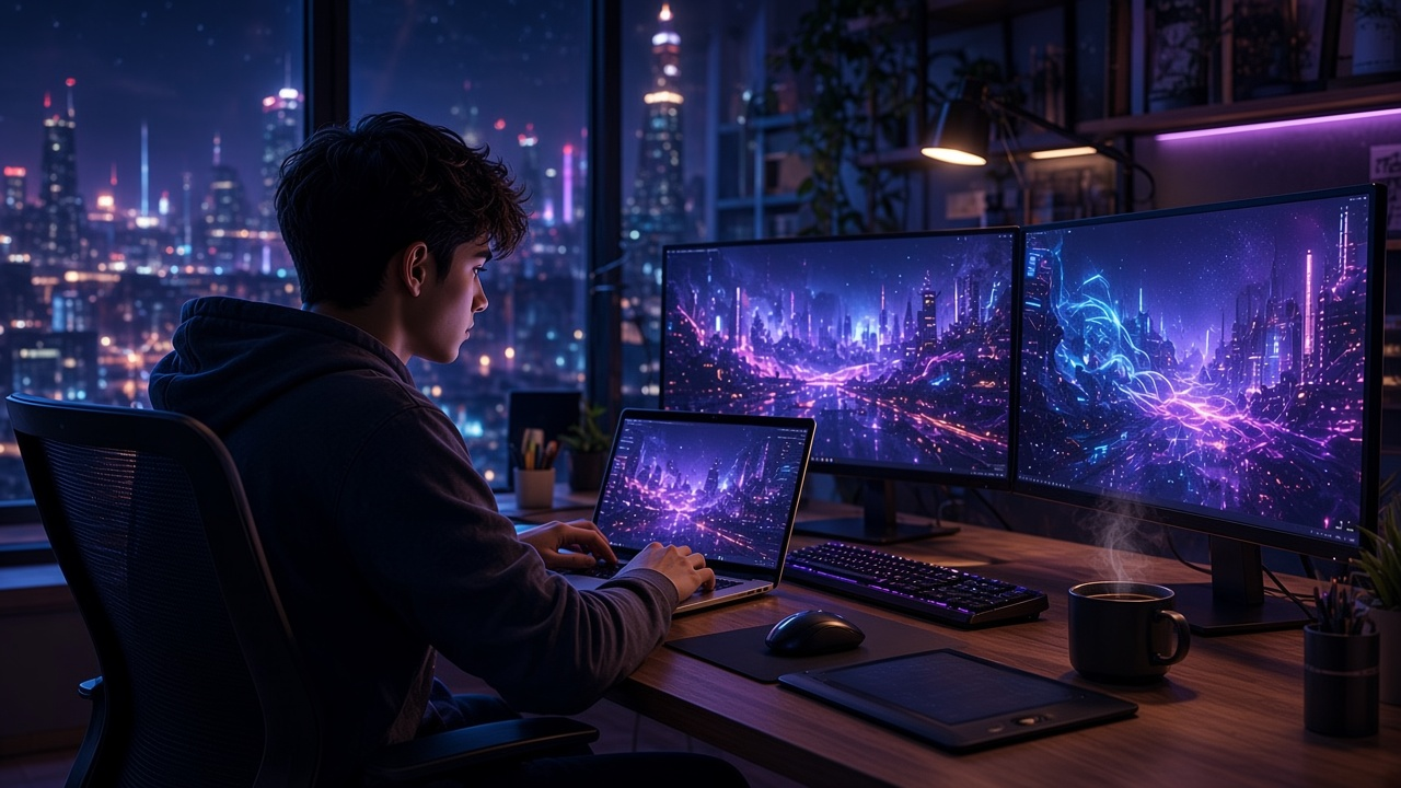 Creator working at a laptop with glowing screens overlooking a night city.