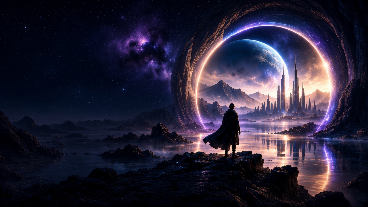 A cloaked figure on a rocky shore before a golden cosmic portal opening onto a luminous planet and futuristic city.