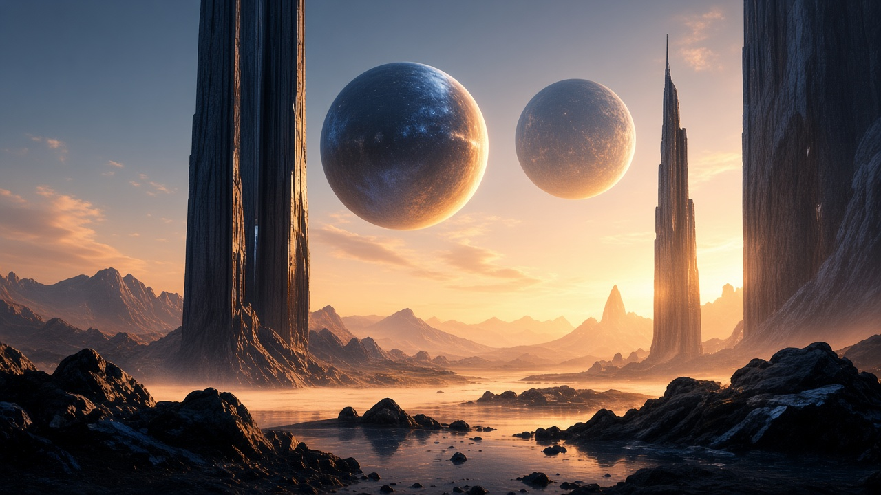 Golden towers and a planet above a rocky shore.