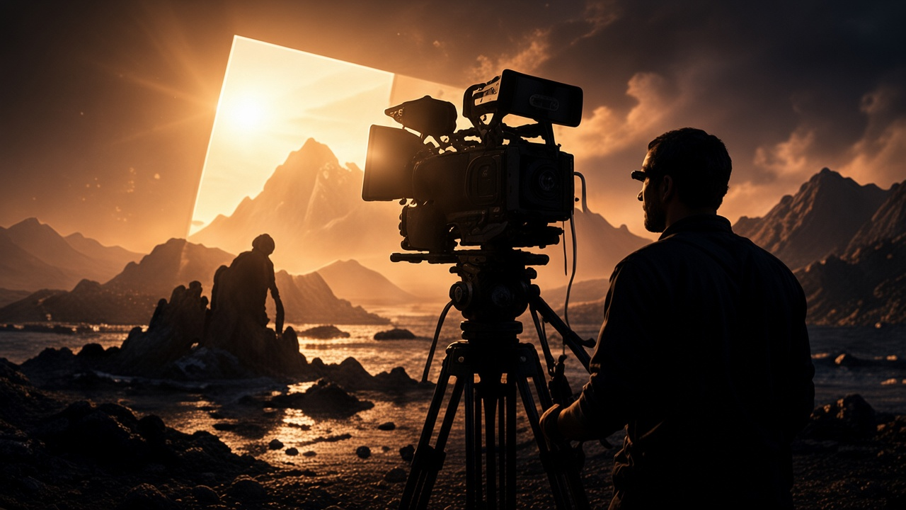 Camera operator filming a sunlit mountain landscape.