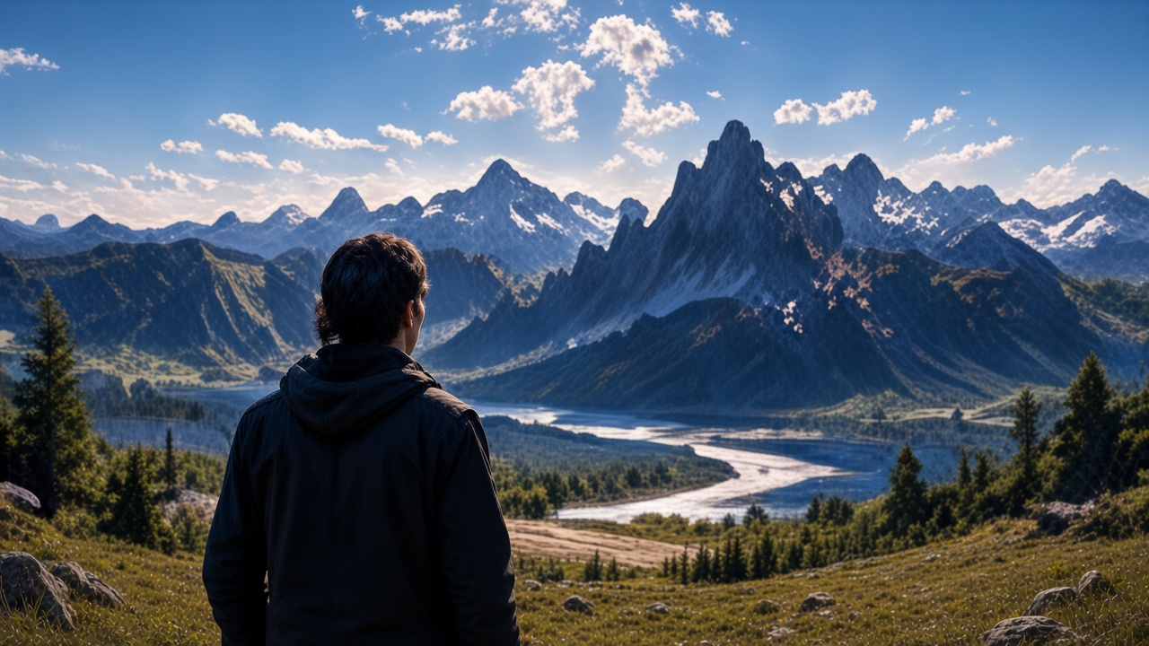 Documentary-style landscape with layered mountains and soft light.