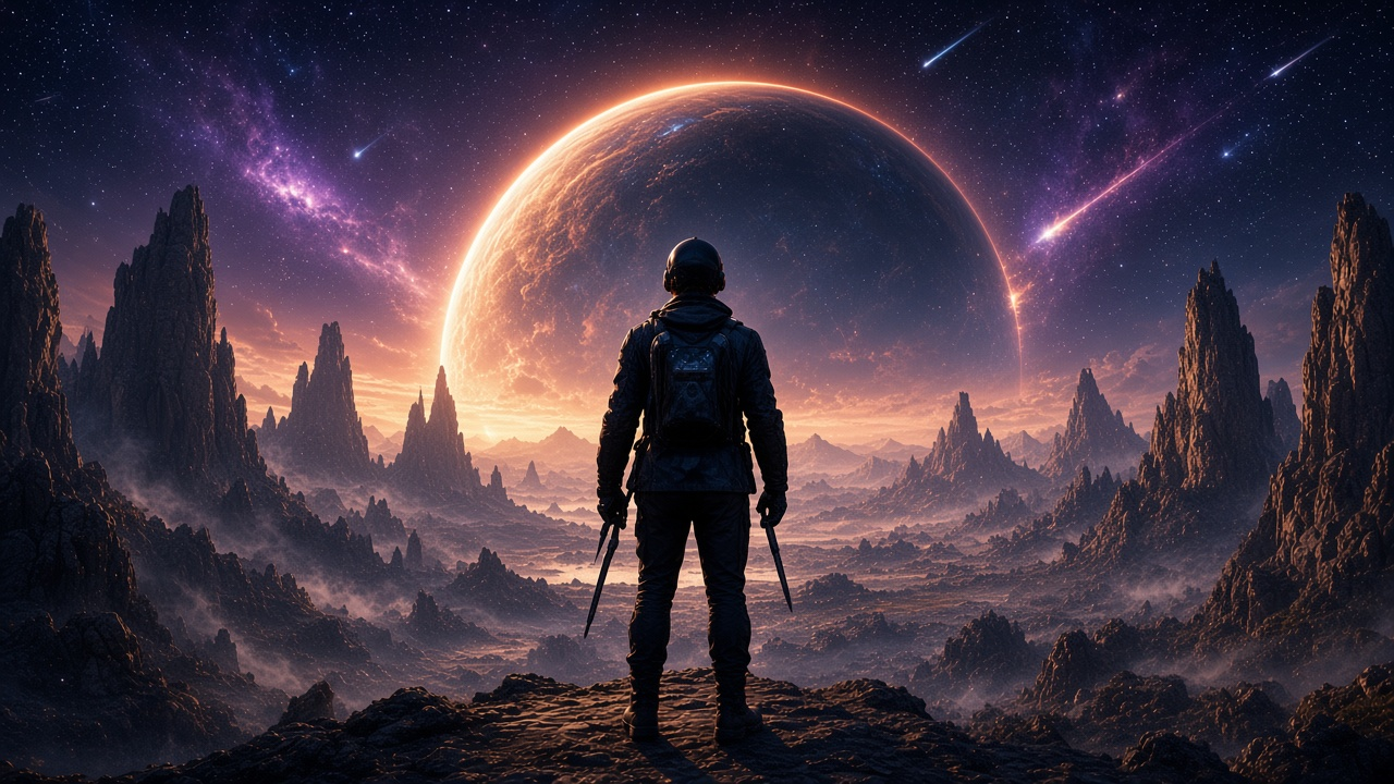 Traveler on rocky terrain facing a glowing planet on the horizon.