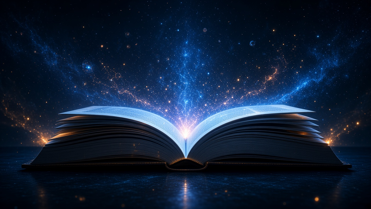 An open book glowing blue, with sparks rising from the pages.