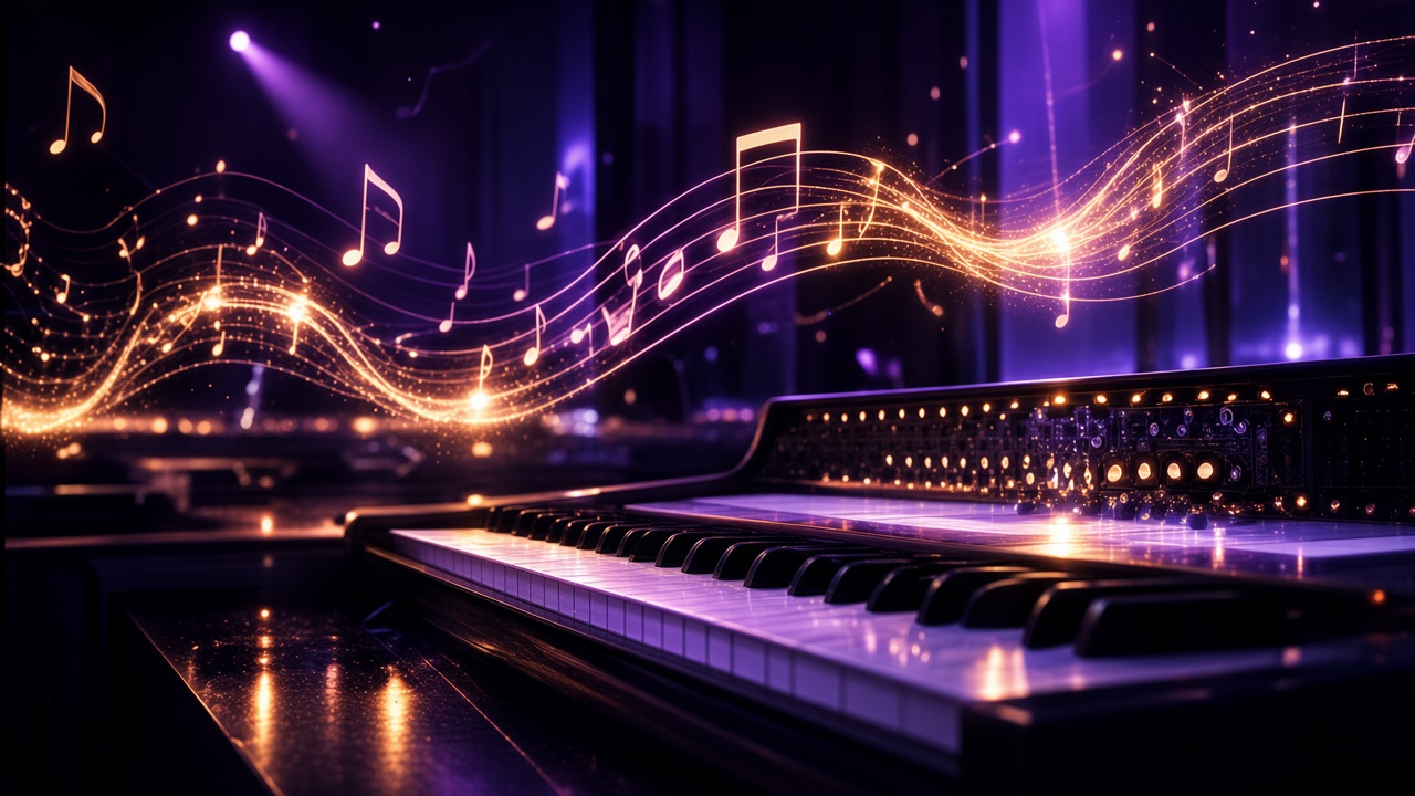 Piano keys with golden musical light swirling above the instrument.