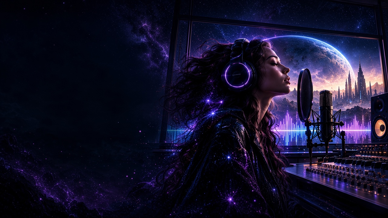A vocalist in glowing violet headphones sings into a studio microphone before a cosmic city and nebula, with illuminated sound waves nearby.