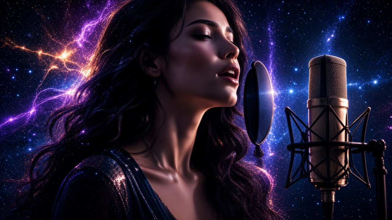 Vocalist singing into a studio microphone against a violet cosmic backdrop.