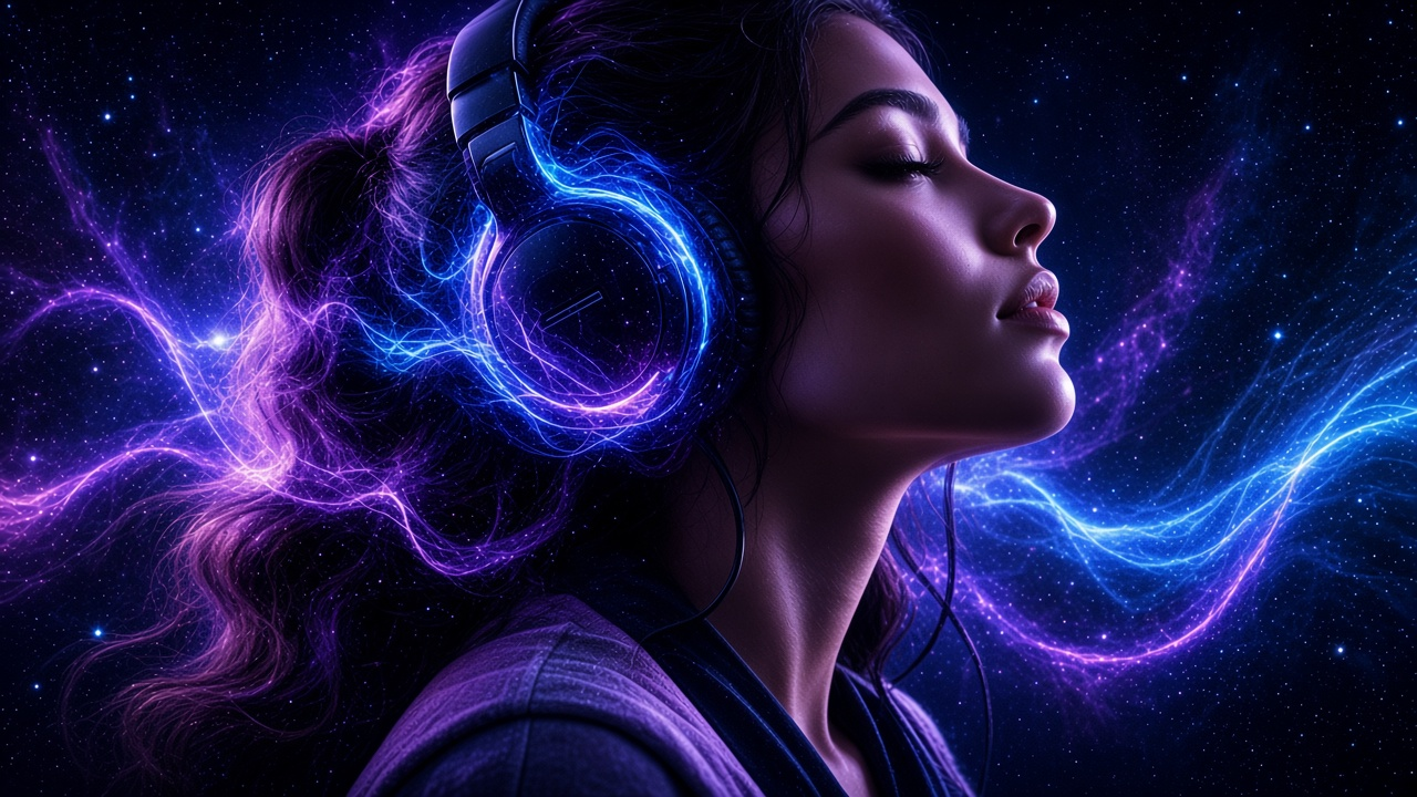 Close portrait with headphones wrapped in blue and violet energy waves.