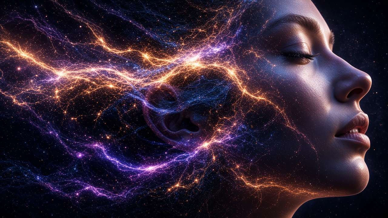 A woman's profile dissolving into streams of gold and violet light.