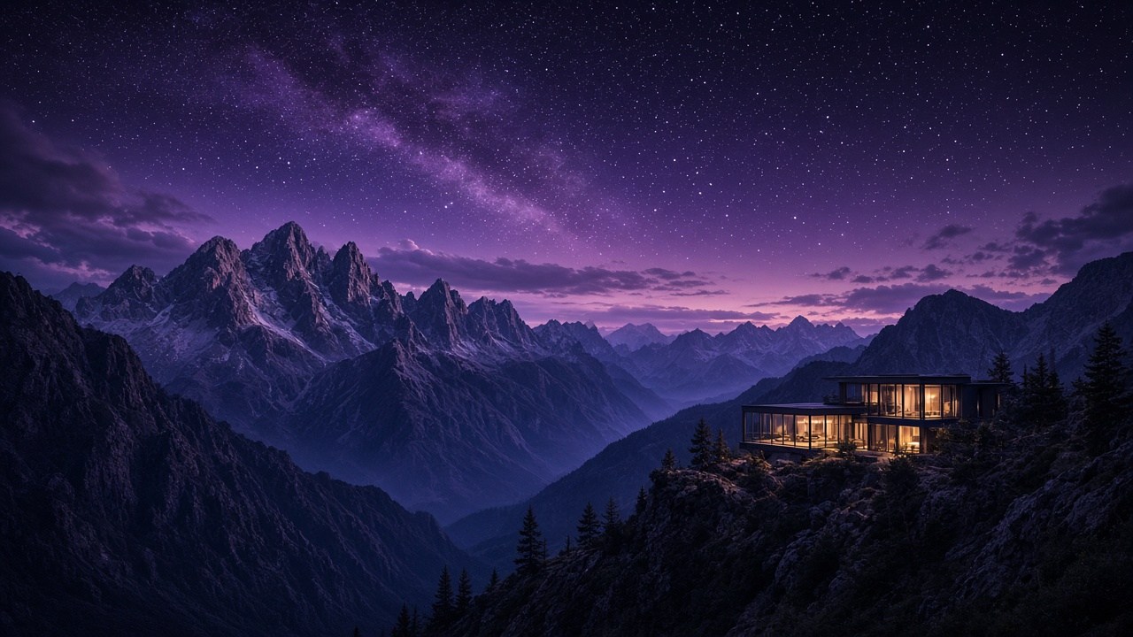 Modern glass building nestled among mountain peaks under a starry violet night sky.