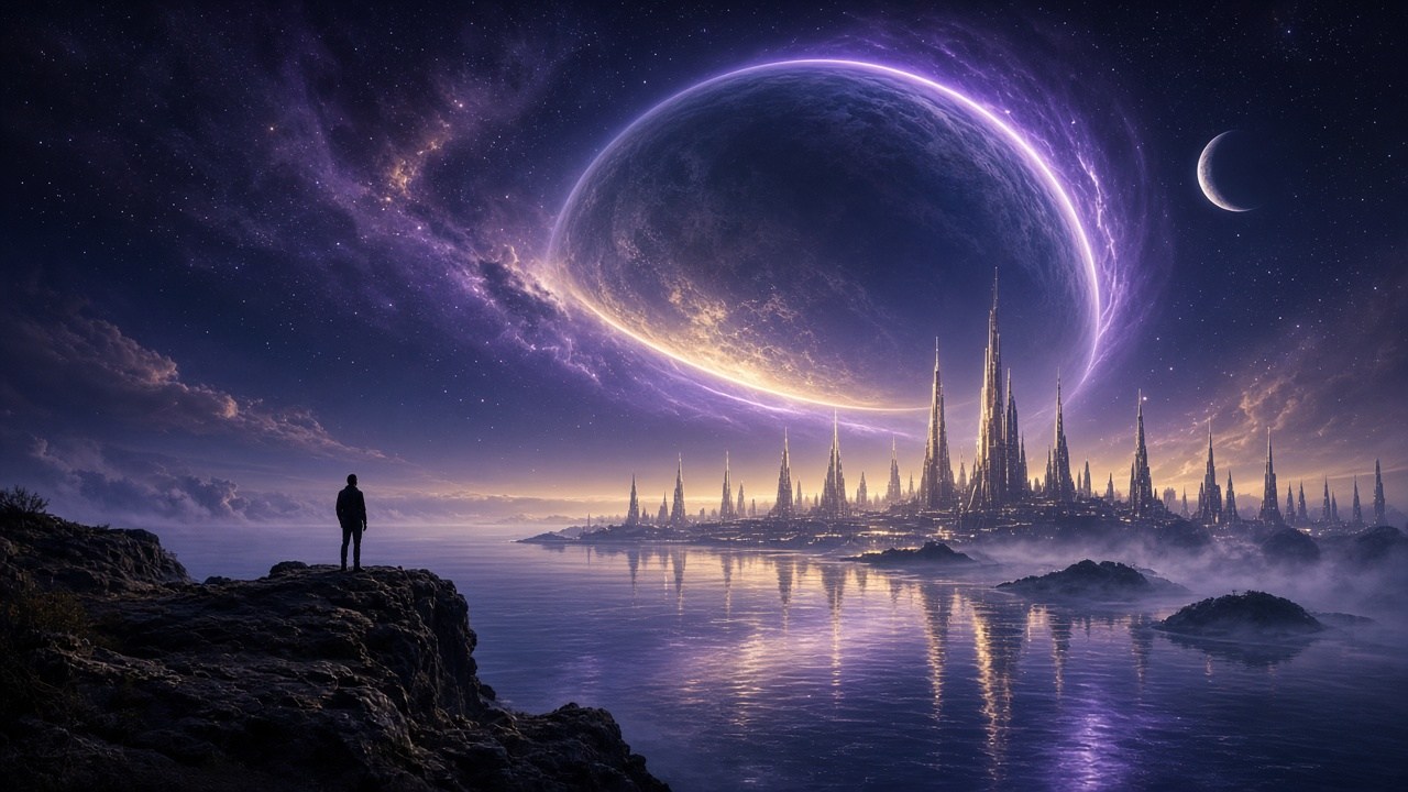A lone figure on a rocky ledge overlooking a futuristic skyline beneath an enormous violet-ringed planet.
