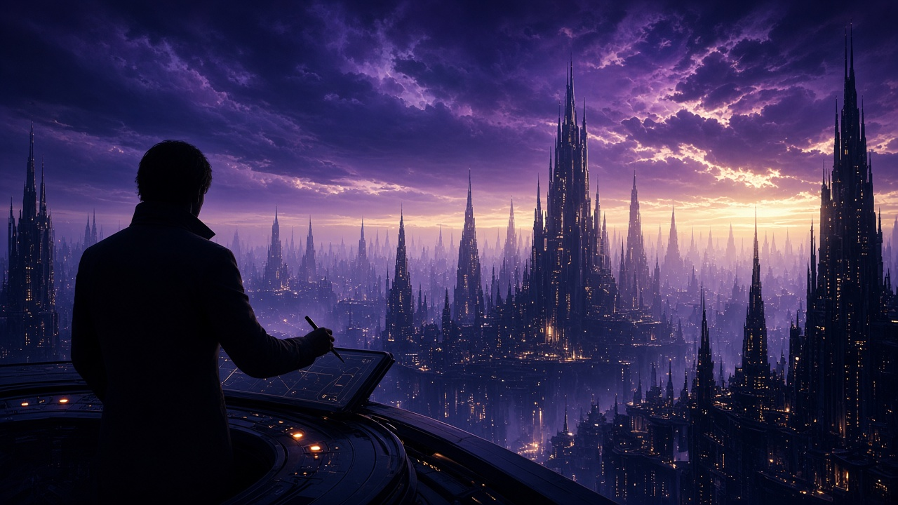 Silhouetted person overlooking a futuristic city under a violet sky.