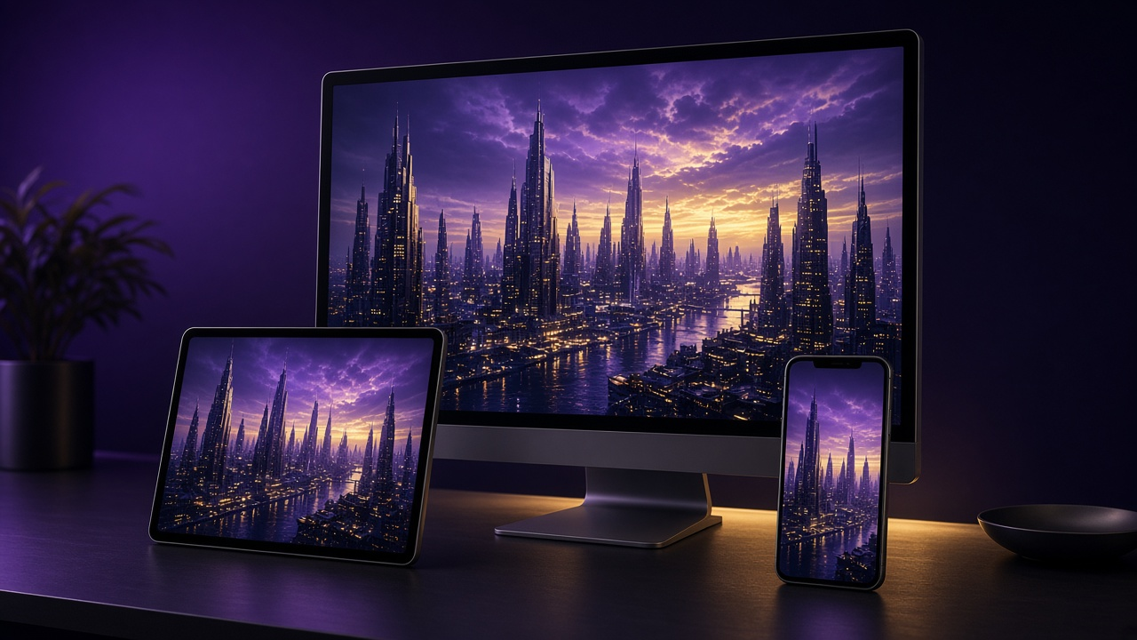 Desktop monitor with tablet and phone showing the same futuristic city artwork.
