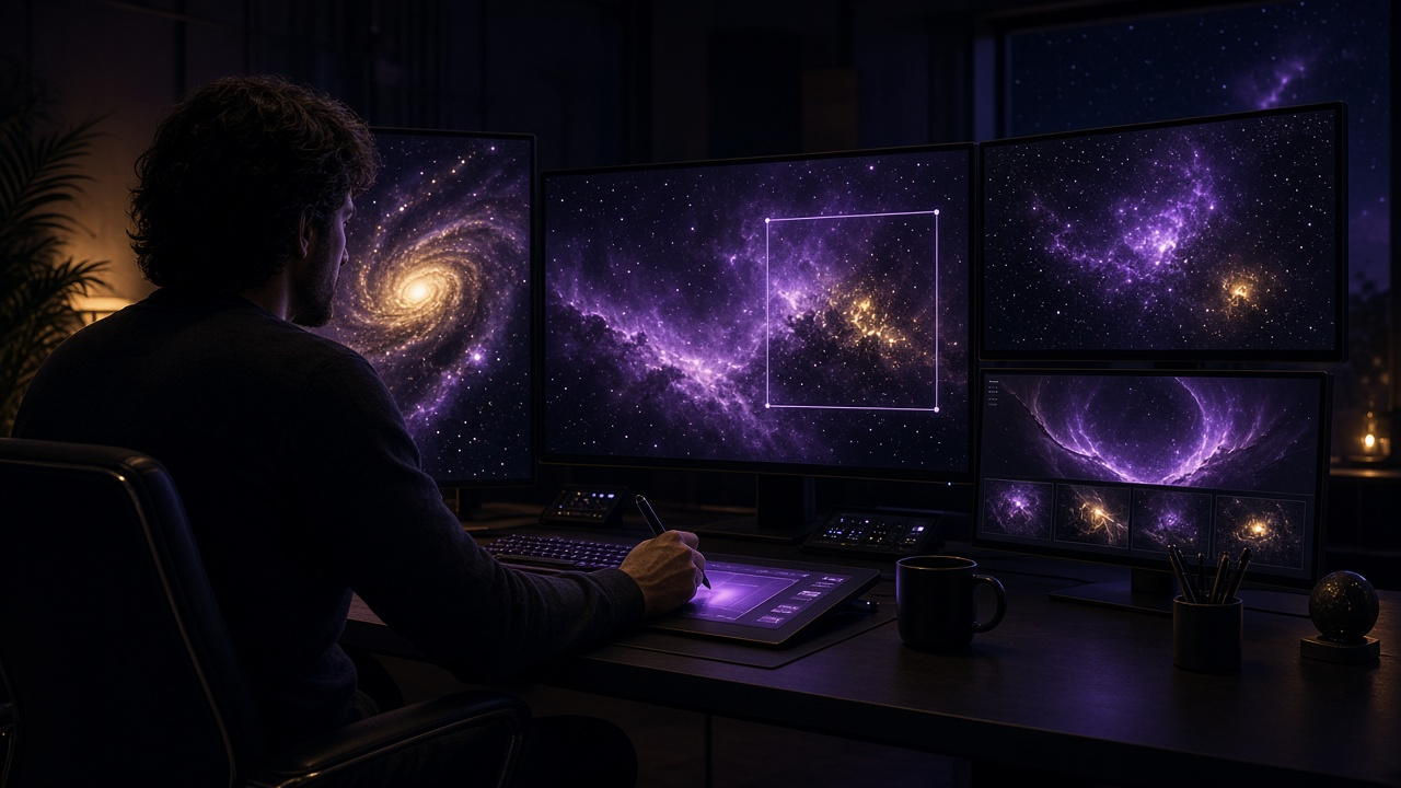 Creator reviewing luminous imagery across multiple monitors in a dark studio.