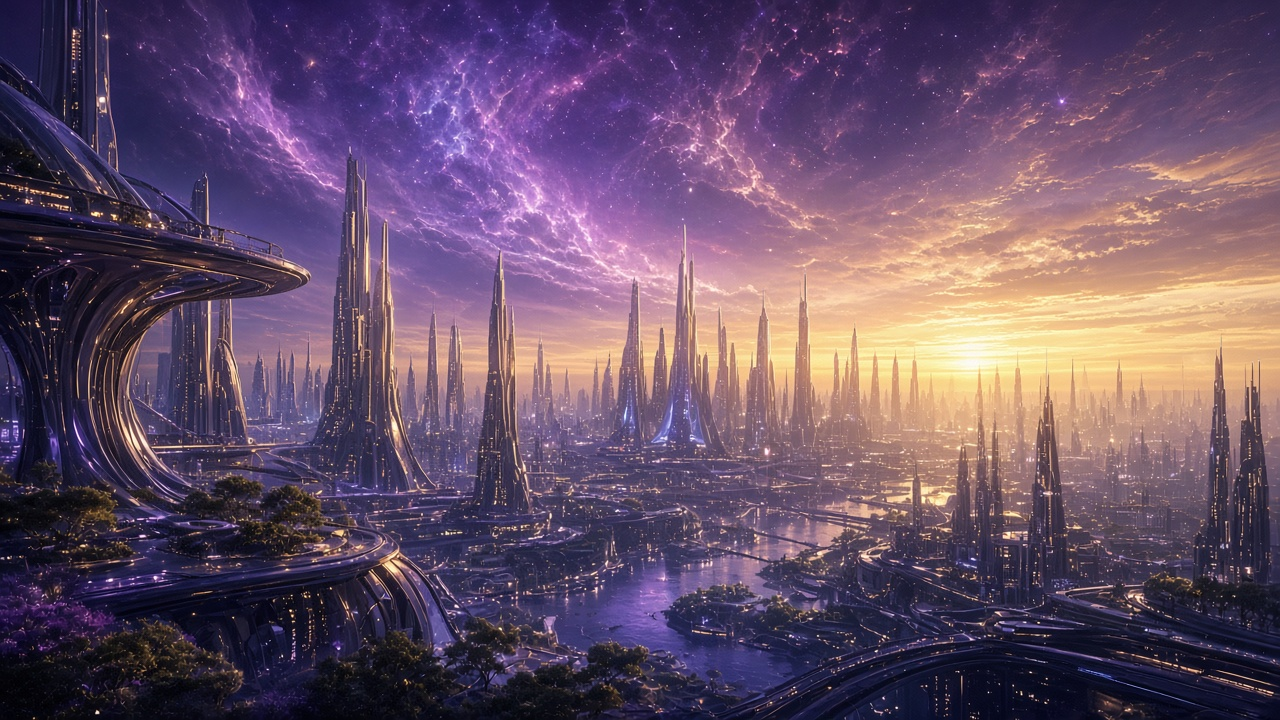Grand futuristic city under a violet nebula and gold horizon light.